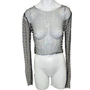 Honey Hot & Delicious Long Sleeve Pearl Rhinestone Sheer Crop Top, Black, Size S